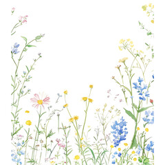 Fototapeta premium Elegant springtime wildflower arrangement illustration isolated on white background, blue and yellow flowers assembled in floral frame