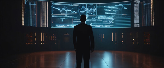 Data Driven Decisions: A lone businessman stands in contemplation before a vast array of glowing digital displays showcasing intricate data visualizations.
