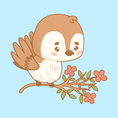 Cute cartoon sparrow on blooming branch. Funny kawaii character little bird. Vector illustration. Kids collection