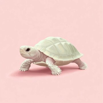 Albino turtle walking on a pink background, studio shot, illustration