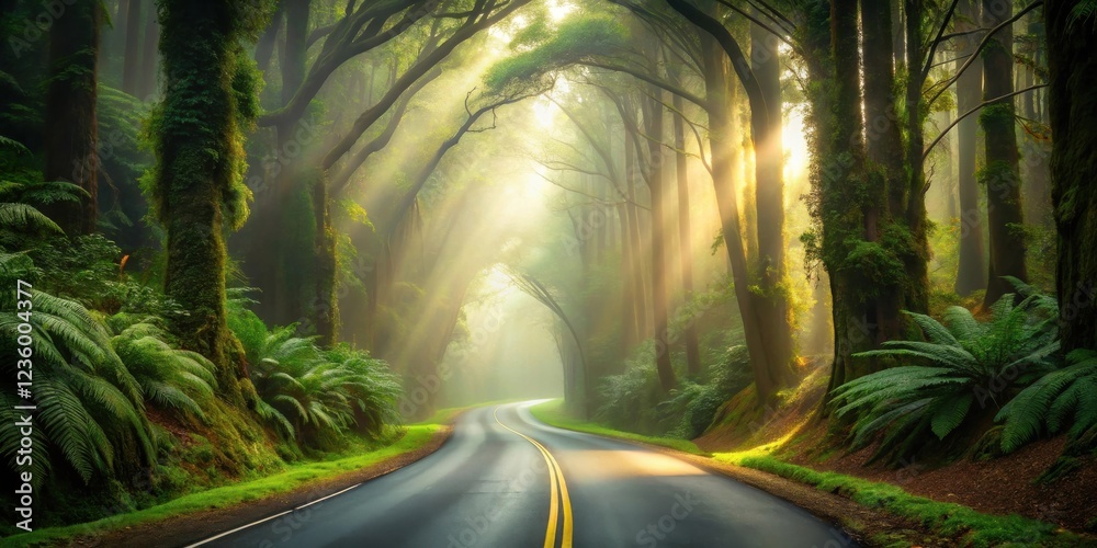 Poster A winding road through a dense forest with sunlight streaming through the trees creating a magical atmosphere