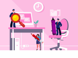Creative Team Concept. Businessman holding a huge magnifying glass. Businesswoman stands with a huge pencil. Business reporting. Accounting. Businessman holding a huge marker. Office workplace