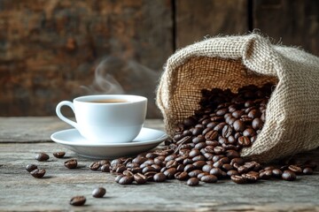 Steaming espresso in white cup beside burlap sack overflowing with roasted coffee beans on rustic wood.