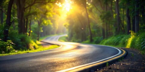 Fototapeta premium A winding road through a verdant forest bathed in the golden light of the setting sun
