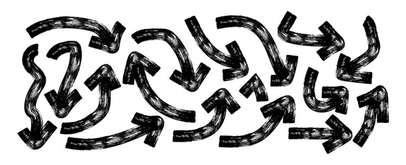 Set of hand drawn Red Arrow Brush. Grunge arrow paint different direction. Bold brush drawn curved and wavy arrows. Doodle marker thick arrows in different directions. Vector illustration