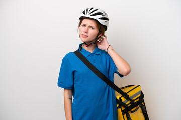 Young English woman with thermal backpack isolated on white background having doubts