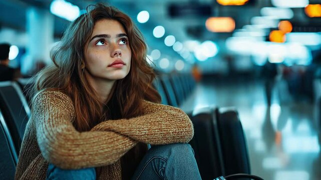 An exhausted woman traveler is waiting at a foreign airport with her bags for her postponed or rescheduled flight.