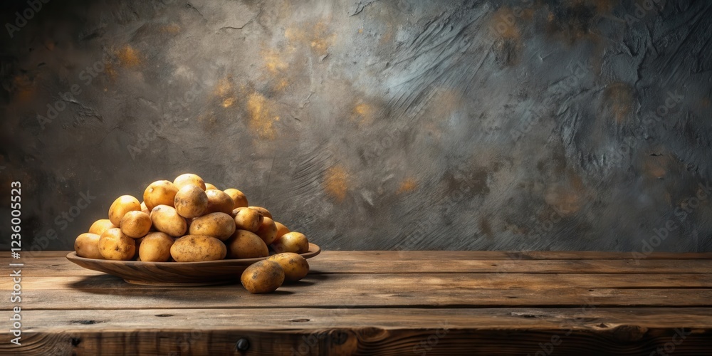 Poster rustic wooden table with a pile of unpeeled potatoes in a wooden bowl against a textured backdrop