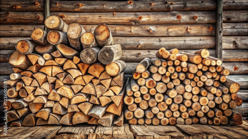 Poster a stack of cut wood logs resting against a log cabin wall, displaying their natural textures and gra