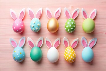 Handmade Easter Eggs with Bunny Ears on Pink Flatlay Minimal Photography