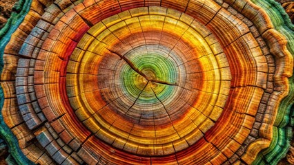 A mesmerizing abstract pattern formed by the intricate rings of a tree trunk, showcasing vibrant hues of yellow, orange, red, green, and blue, creating a captivating visual masterpiece.