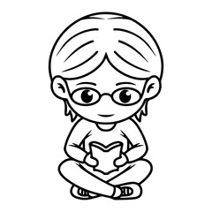 Bookworm chibi character reading a book, sitting cross legged in black and white line art