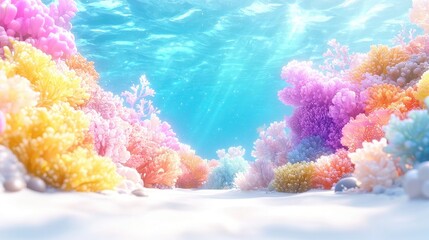 Vibrant coral reef underwater scene, sunlight, ocean floor