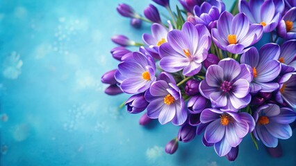 A delicate arrangement of vibrant purple crocuses, blooming in springtime with their delicate petals and yellow centers, forming a colorful cluster against a soft blue background.