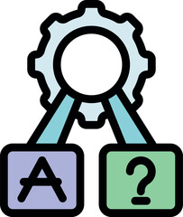 Problem solving process involving finding answers to questions, symbolized by a gear connecting a and Blocks