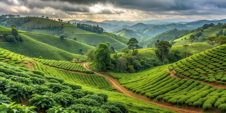 Rolling hills of emerald green coffee plants stretching as far as the eye can see in Coorg's scenic landscape , coorg hill station, nature scenery