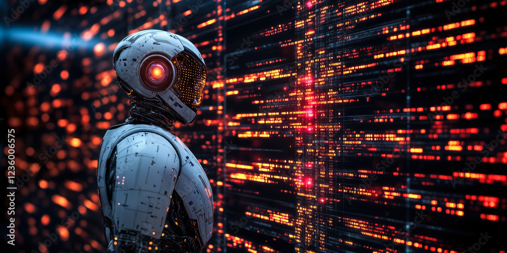 Poster ai robot analyzing digital data wall for automated file management solutions