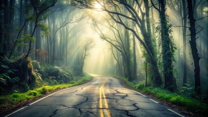 A Winding Road Through a Misty Forest, Bathed in Golden Light, Leading Toward an Unknown Destination