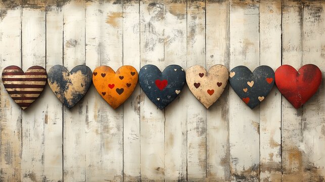 Vintage wooden heart decorations on rustic whitewashed wood background