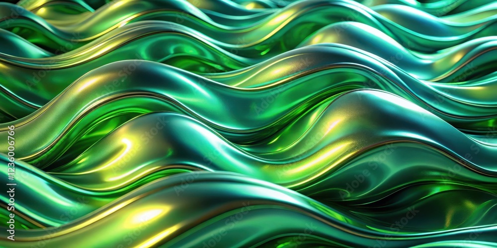Poster abstract swirling green and yellow liquid surface, a study in metallic sheen and dynamic form