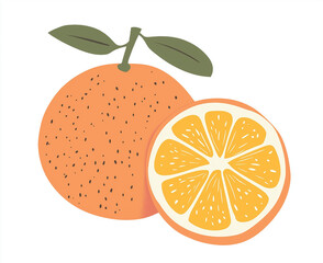Fresh whole orange fruit with vibrant orange slices and green leaves, elegantly arranged on a white background. The high-quality image highlights freshness, citrus nutrition, and natural vitamin C 