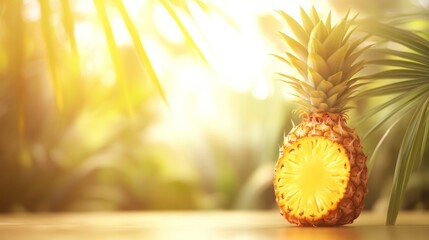 Half a pineapple sits on a table bathed in sunlight. Tropical vibes!