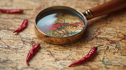 Vintage magnifying glass examining ancient map with red chili peppers, concept of historical exploration and spice trade routes discovery