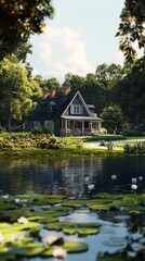 Obraz premium A serene house by a tranquil lake surrounded by lush greenery and blooming flowers.