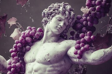 Statue Greek god Dionysus with grape. Generative AI