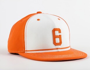 Stylish orange and white baseball cap featuring number 6, perfect for casual wear or sports.