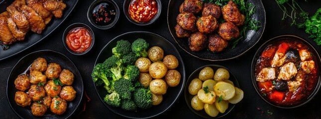 Overhead view of assorted dishes meatballs, chicken wings, potatoes, broccoli, and stew.