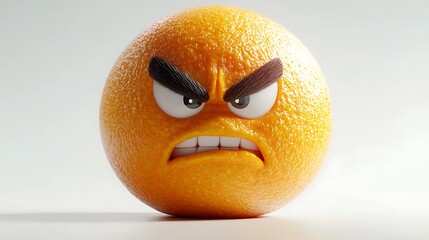 Angry orange fruit emoticon on plain background. Possible use stock photo for humorous or quirky design projects