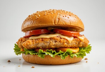 Delicious looking chicken burger with sesame seeds on a white background
