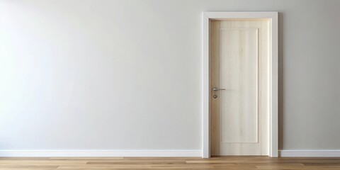A simple, clean interior with a closed wooden door and a blank wall, offering a canvas for imagination and design