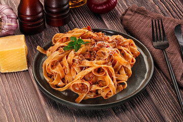 Italian pasta bolognese with beef minced meat