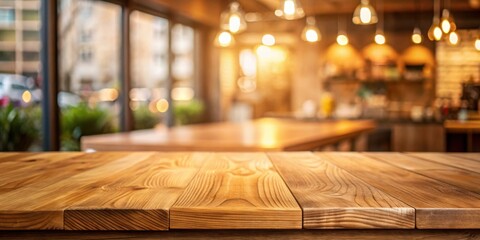 Empty wooden table with a blurred background of a cozy cafe with warm lighting.
