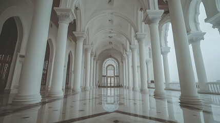 Elegant interior of a grand hall with tall columns and polished marble floor, creating a serene atmosphere