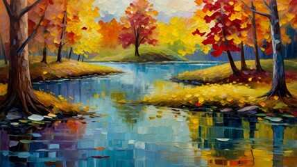 Autumn landscape with colorful trees and river. Oil painting on canvas.