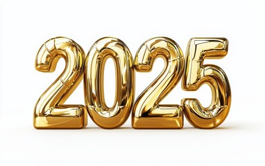 2025 made of shiny golden metal with reflective surfaces, isolated on a white background