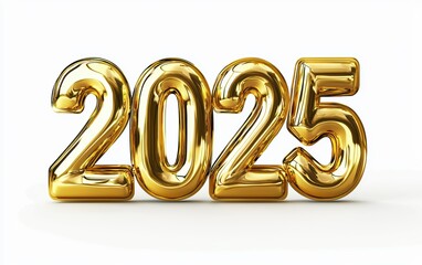 2025 made of shiny golden metal with reflective surfaces, isolated on a white background