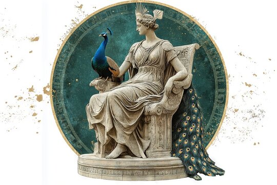 Statue of the Greek goddess Hera seated on a throne with a peacock. Generative AI