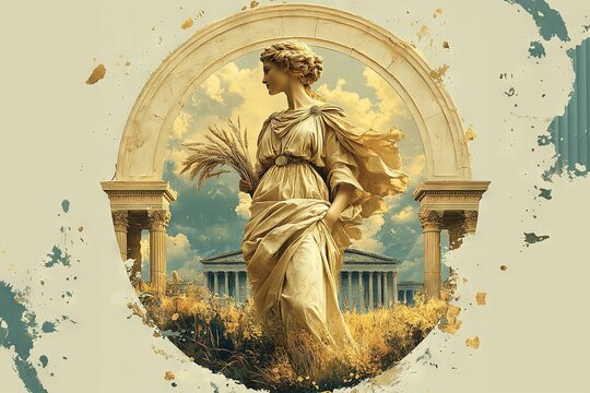 Stature of Greek Goddess Demeter in the field holding ears of wheat. Generative AI