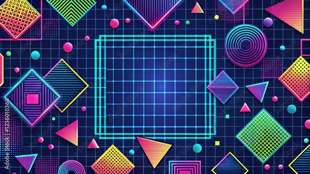 Fototapete A retro 80s style neon geometric background with a grid pattern and colorful shapes.