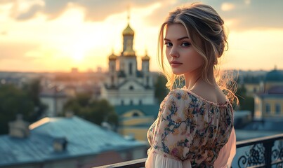 Obraz premium Beautiful young woman with golden blonde hair wearing elegant embroidered dress, Generative AI
