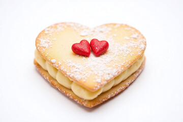 Heart shaped cookie with sugar and red candies on white