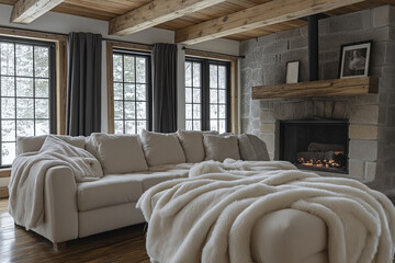 Cozy Winter Living Room with Stone Fireplace and Luxurious Throw