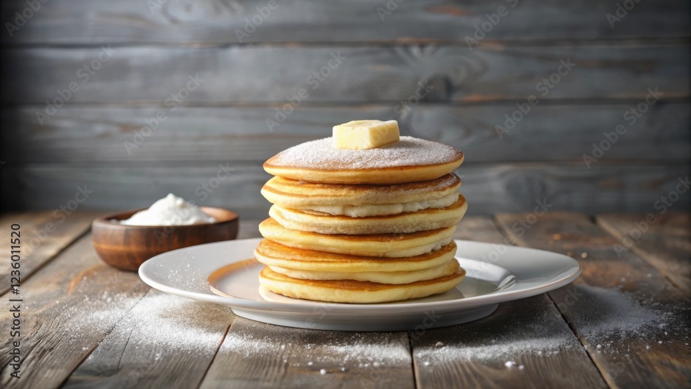 Poster a stack of fluffy pancakes dusted with powdered sugar and topped with a pat of butter on a white pla
