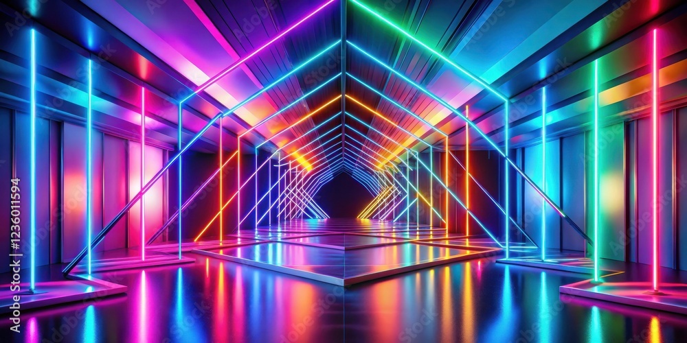 Poster A futuristic tunnel illuminated by vibrant neon lines, creating a captivating display of geometric shapes and reflective surfaces.