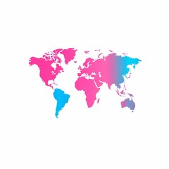 Gradient pink and blue world map illustration on white background.
