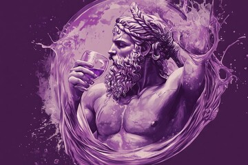 Digital artwork Greek god Dionysus holding a wine glass, with flowing wine, set against a purple background. Generative AI